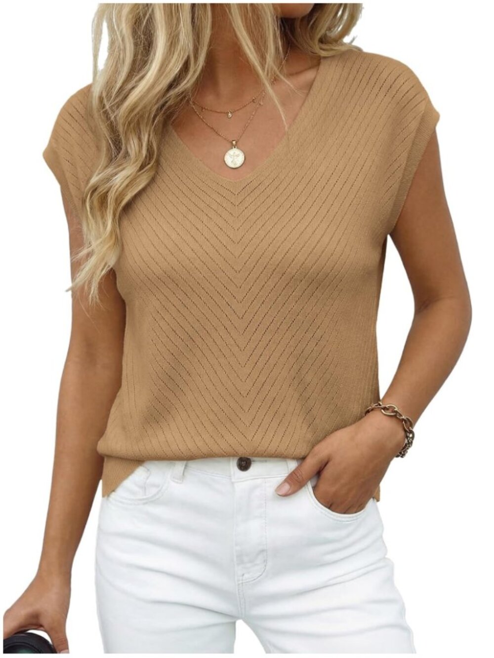 Dokotoo Camel V-Neck Cap Sleeve Ribbed Sweater Top | Size M